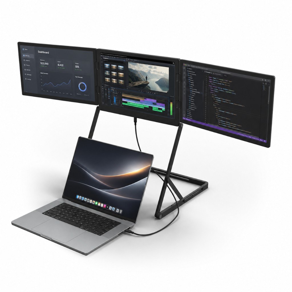 ROVE Horizon 3 in landscape, three screens above a laptop